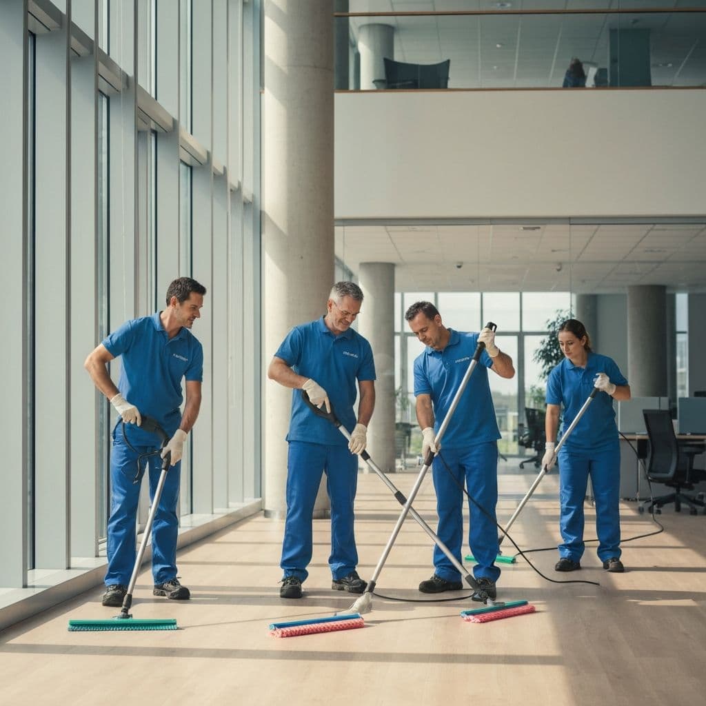 Professional cleaning company owner with branded van and crew