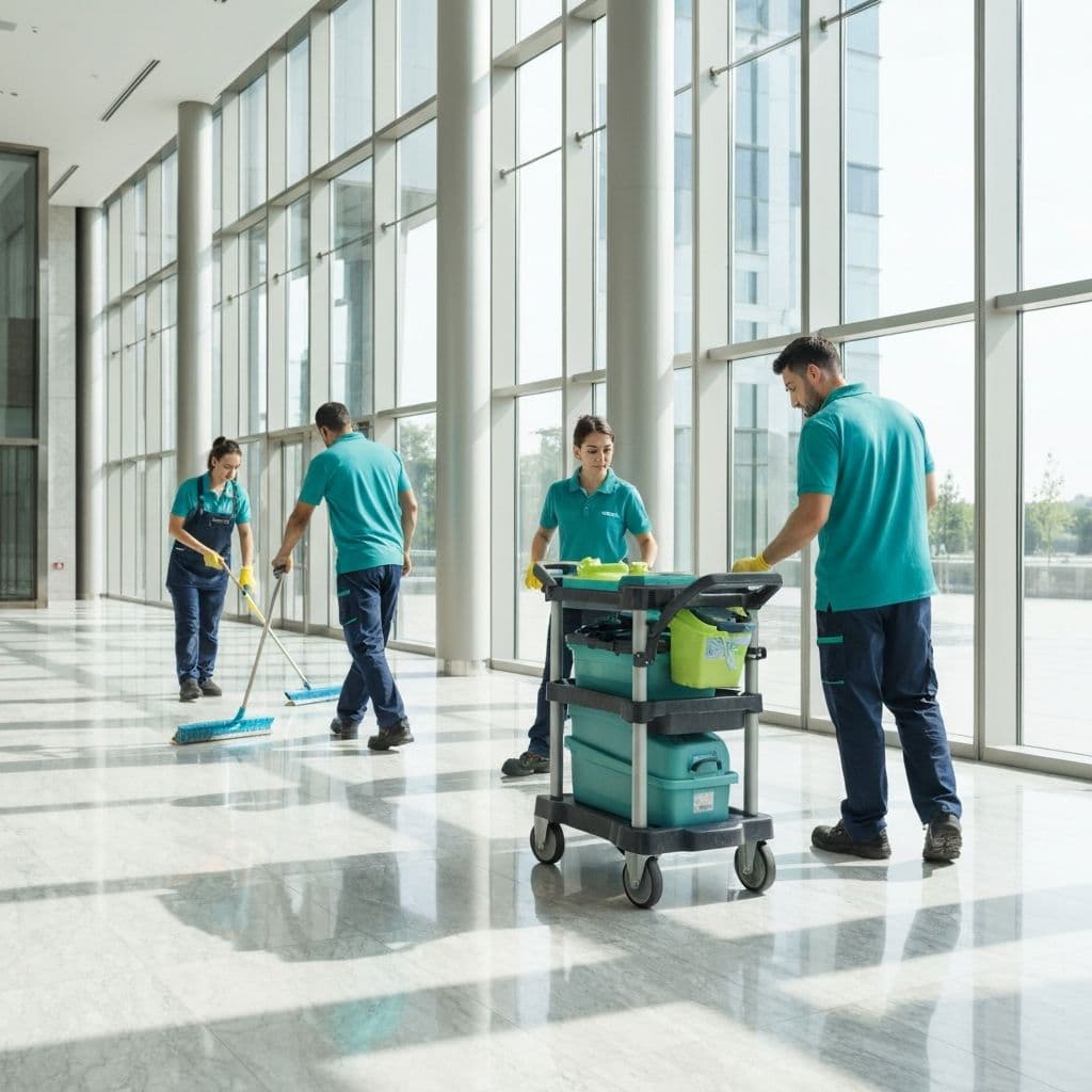 Professional cleaning team working in a modern commercial building