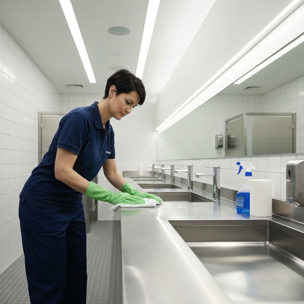 Professional janitor sanitizing a modern commercial restroom
