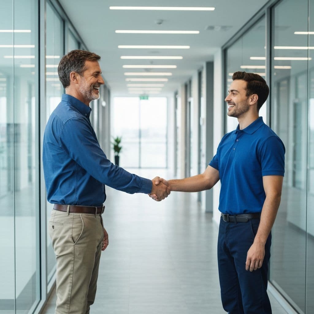 Facility manager shaking hands with a cleaning provider after agreeing on a contract